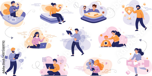 People Using Digital Devices and Technology for Work Communication Entertainment and Daily Activities in Modern Flat Cartoon Style Illustration Set.