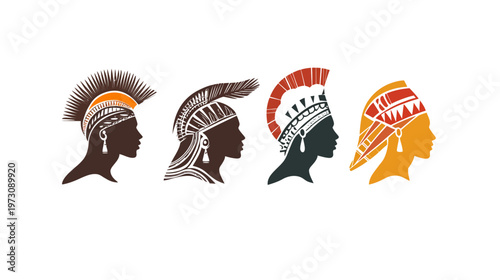 Four stylized profiles of individuals wearing ornate headdresses in various colors