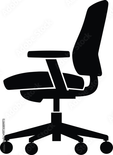 Minimal vector silhouette, office chair swivel chair side view, ergonomic seat with wheels and armrests, solid black, isolated on white background.