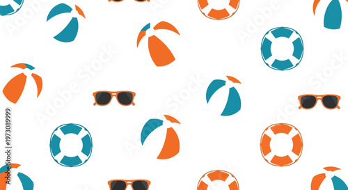 Summer beach vector pattern with lifebuoys, sunglasses, and beach balls in orange and blue