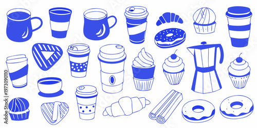 Collection of hand drawn blue line art coffee desserts and breakfast items