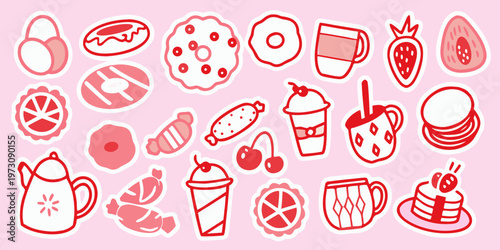 A collection of hand drawn food and drink stickers in pink hues