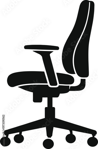 Minimal vector silhouette, office chair swivel chair side view, ergonomic seat with wheels and armrests, solid black, isolated on white background.