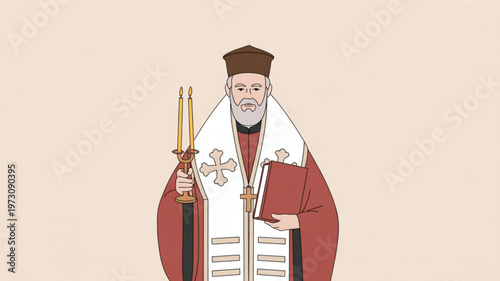 Bishop in traditional attire holding a cross and book standing alone