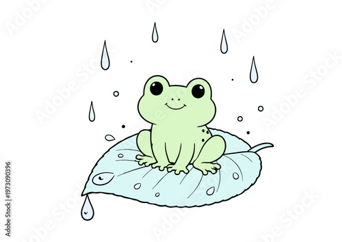 葉っぱの上のカエルと雨