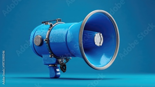 Megaphone loudspeaker concept, announcing news, marketing promotion, blue background, business communication, 3d render minimal 