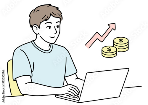 ノートパソコンで仕事をする若い男性のイラスト
