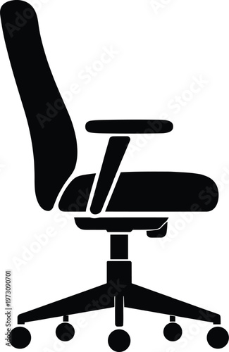 Minimal vector silhouette, office chair swivel chair side view, ergonomic seat with wheels and armrests, solid black, isolated on white background.