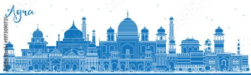 Outline Agra India City Skyline with Blue Buildings. Illustration. Business Travel and Tourism Concept with Historic Architecture. Agra Uttar Pradesh Cityscape with Landmarks.