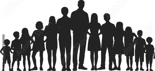 Group of people of different ages and heights standing together in silhouette on white Keywords: group, people, silhouette, family, children