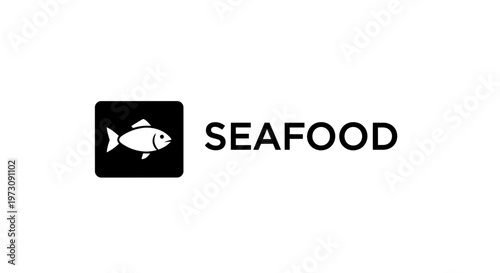 Stylized fish graphic and 'SEAFOOD' text, a clean icon for fresh food marketing