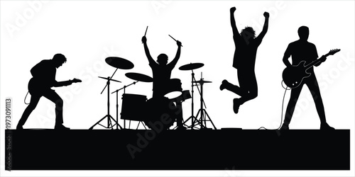 Rock band silhouettes performing on stage with instruments Keywords: silhouette, band, rock, music, performance, stage, guitar, drummer