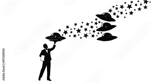 Man in suit offers a UFO to a constellation of stars, symbolizing outreach and discovery.