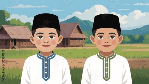 Two young boys in traditional clothing standing in front of a rural village landscape with mountains