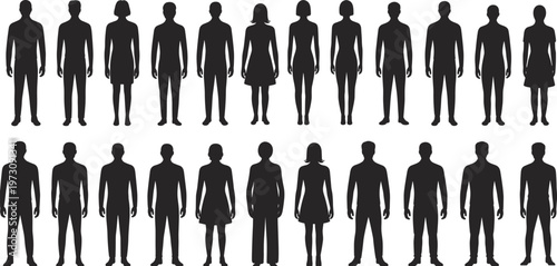 Silhouettes of men and women in two rows, front and back view people male