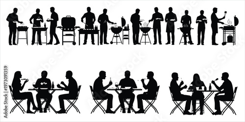 Silhouettes of people grilling and dining outdoors at tables with chairs barbecue cooking