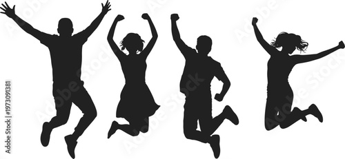 Silhouette of four people jumping with joy on white background group