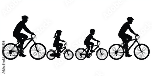 Family cycling silhouettes of adults and children on bicycles on white background Keywords: family, cycling, silhouettes, adults, children