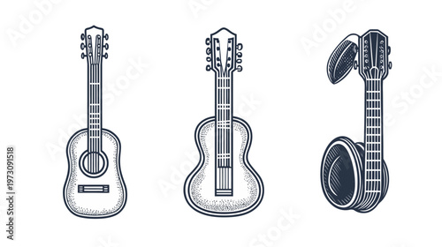 Three stylized stringed instrument illustrations, guitar types in black and white, isolated on white