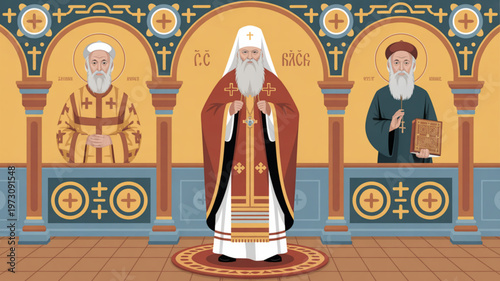 Three bearded orthodox priests in traditional robes standing in a church with arches and crosses