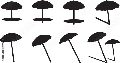 A series of eight black silhouettes of open umbrellas against a white background Vector