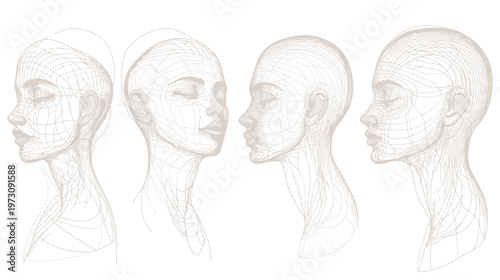 Four stylized human head profiles are presented in a line, with a wireframe design
