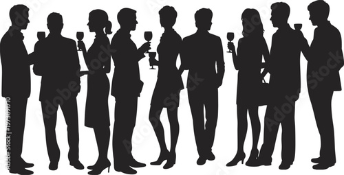 Silhouettes of men and women holding wine glasses at a social gathering people group