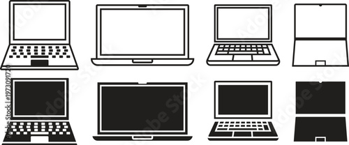 Laptop icons vector set. Laptop notebook computer in flat and line style.