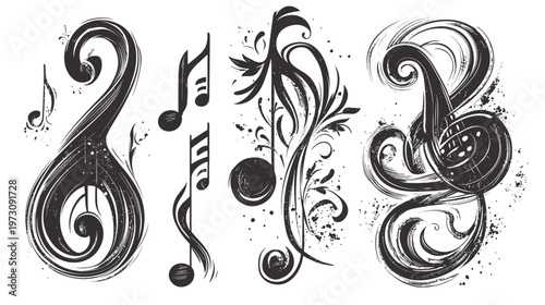 Stylized musical elements, including treble clef variations and note designs, in black and white