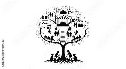 Generations of people depicted as a family tree with roots and branches