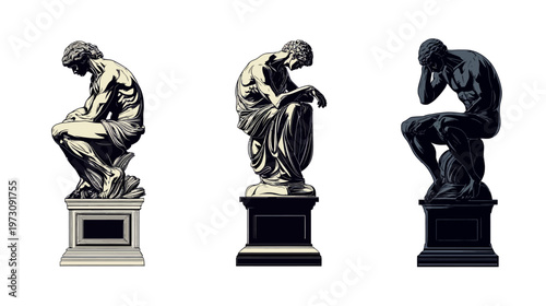 A digitally rendered artwork featuring three statues of a pensive male figure on pedestals