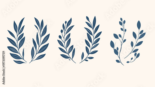 A cream-colored background featuring three separate botanical illustrations in a navy blue hue