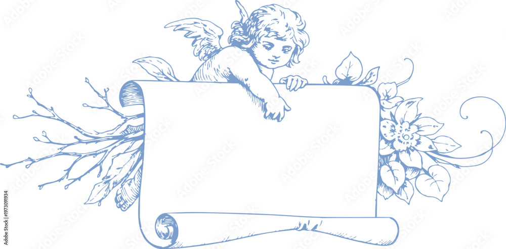 Matrica Vintage cherub with floral scroll banner transparent background