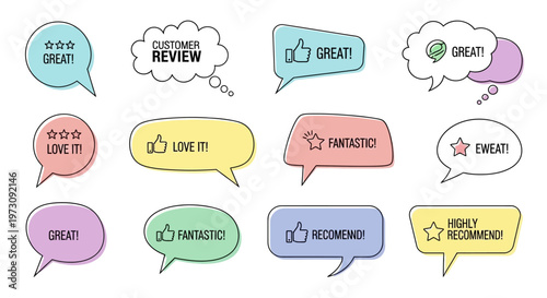 Colorful speech bubbles with positive comments.