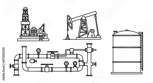 Oil Rig Equipment Vector Icons with Pump Pipeline and Tank