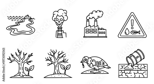 Oil Environmental Impact Vector Icons with Pollution and Spill