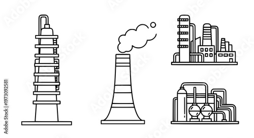 Oil Refinery Infrastructure Vector Icons with Plant and Tower