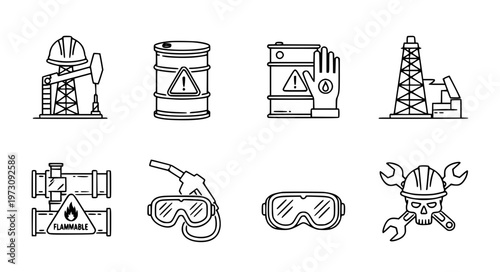 Oil Industry Safety Vector Icons with Helmet and Hazard Signs