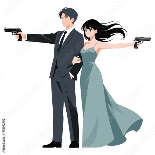 Anime style secret agents couple standing back to back holding guns in formal party attire.