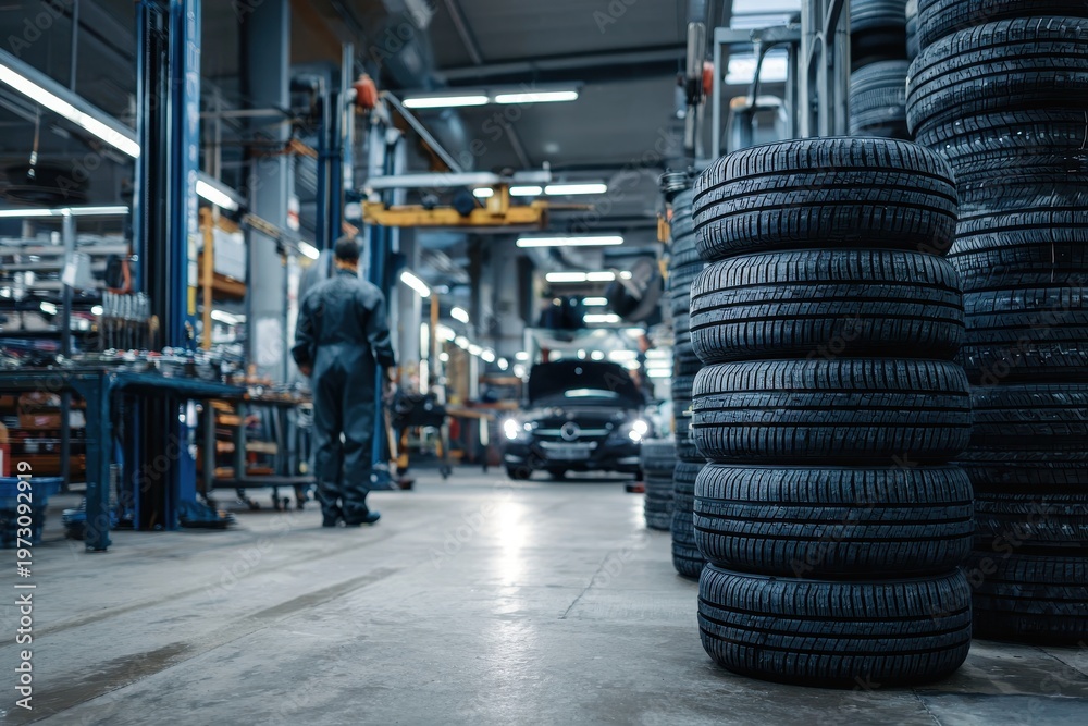 Fototapeta premium Stacks of brand-new tires in a busy auto shop ready for installation