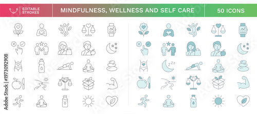 Mindfulness and Self Care Wellness Line Icons for Meditation Apps, Sleep Tracking, Mental Health and Healthy Routine Editable Stroke Vector Set