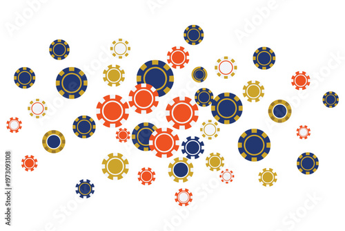 Casino poker chips scattered on white background in blue orange gold and white colors art.