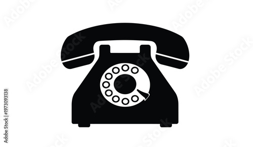 A stark black silhouette depicts a vintage rotary telephone showcasing a classic design with a circular dial and handset high quality professional detailed modern