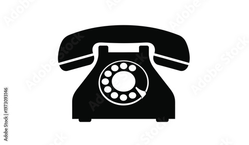 A minimalist black silhouette depicts a vintage rotary telephone showcasing its classic design and circular dial pad high quality professional detailed modern elegant stylish
