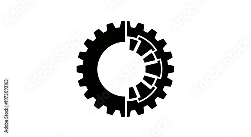 Abstract black gear on white background, half solid, half segmented