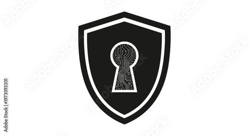 Black shield with keyhole showing circuit board details on white