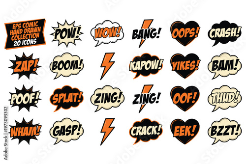 Collection of comic book speech bubbles with action words like pow boom bang zap splat crash oof.