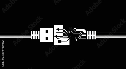 White circuitry inside a USB connector on a black background