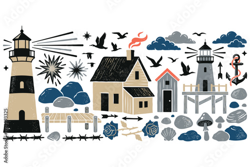 Coastal life collection: set of hand-drawn marine illustrations and nautical elements.