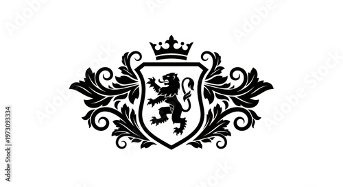 A black and white heraldic emblem featuring a rampant lion on a shield